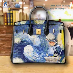 Hand Draw Colorful animated children Customize Art Bags Women Clutch purses and handbags Designer Ladies purses Genuine Leather