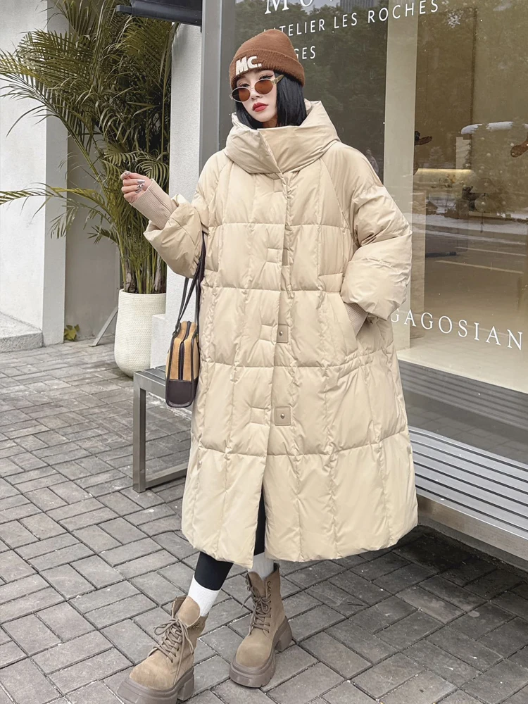 Lange Vintage-Daunenjacke mit Kapuze für Damen, 2026, Wintermode, Puffermantel mit Laternenärmeln, Übergröße, Damen-Outwear INKEO DJ 638
