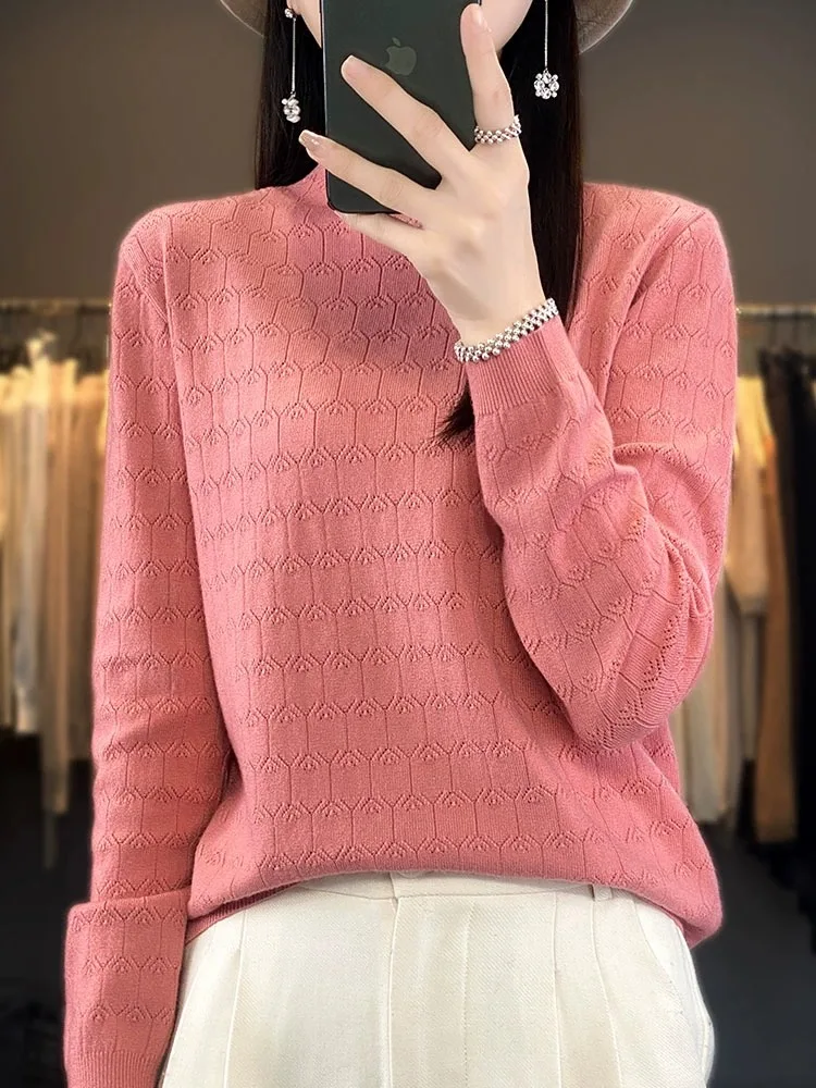 Jesienno-zimowy nowy sweter damski z luźnej dzianiny wełnianej, z wysokim kołnierzem, dzianina typu camere, bazowa odzież z ażurowym wzorem.