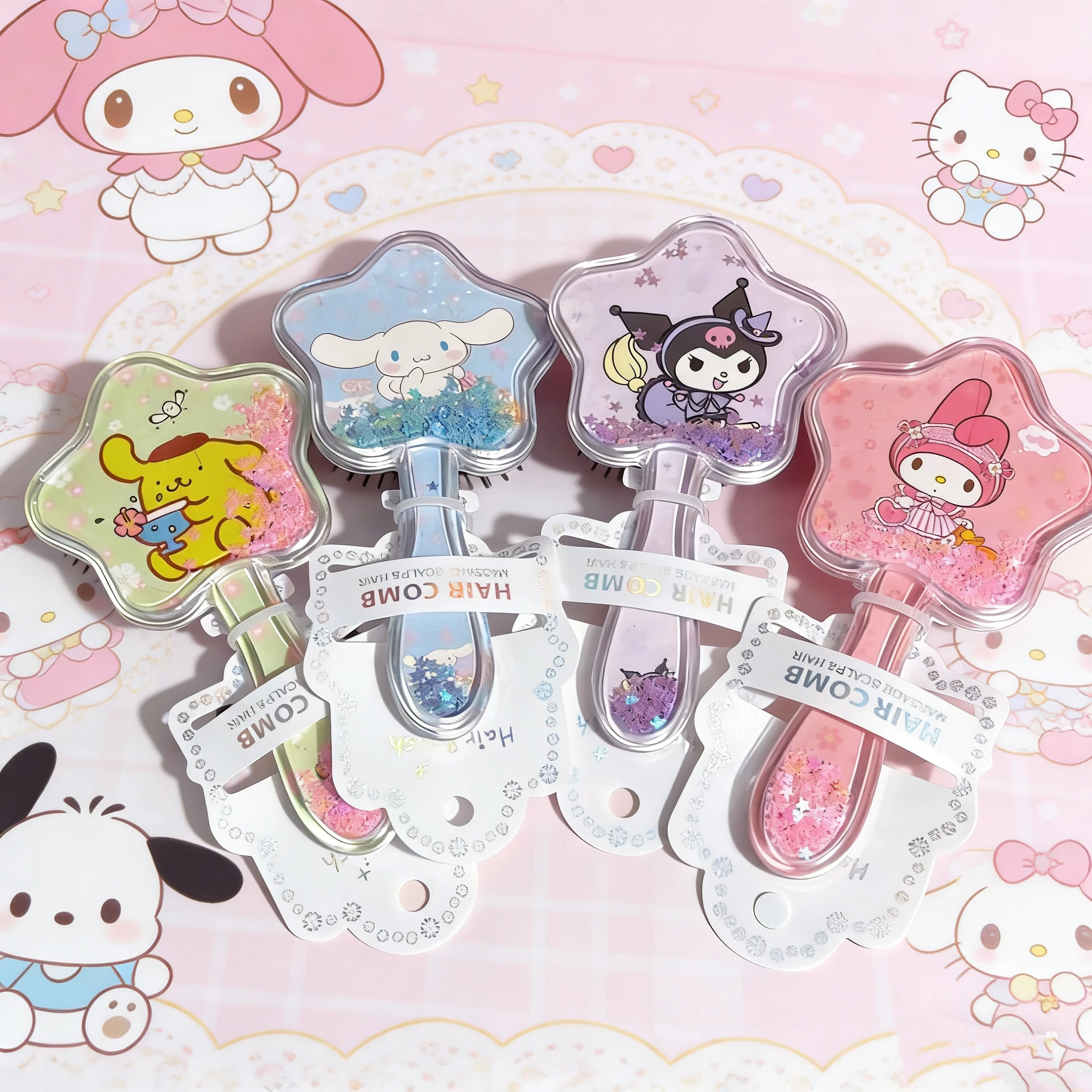 

4pcs Kawaii Hello Kitty My Melody Kuromi Cinnamoroll Big MassageTransparent Air Cushion Hair Comb Cute Hairbrush for Hair Care