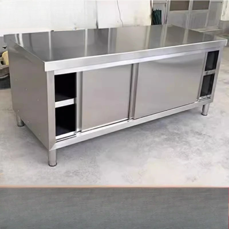 Workbench 304 Stainless Steel Sliding Door Dish Cabinet Cutting Table Hotel Kitchen Console Lowering Table Commercial