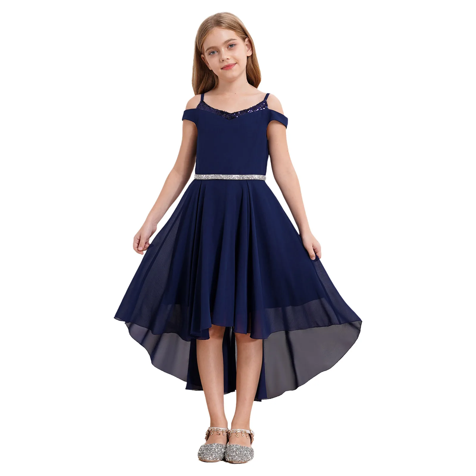Flower Girls Dress Elegant Sequins Hi-lo Chiffon Princess Dress for Teen Girls Wedding Party Bridesmaid Birthday Pageant Gown