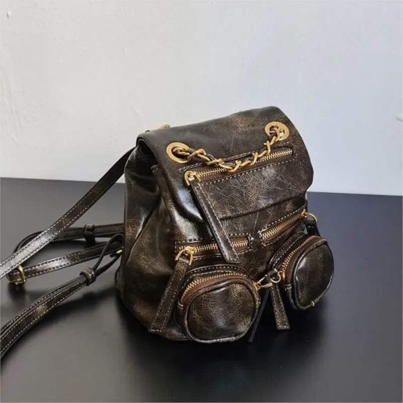 حقيبة ظهر ريترو بسلسلة متعددة الجيوب حقيبة ظهر صغيرة من الجلد حقيبة ظهر صغيرة عصرية راقية متعددة الاستخدامات فاخرة Mochilas Mujer Chic 2025 #6