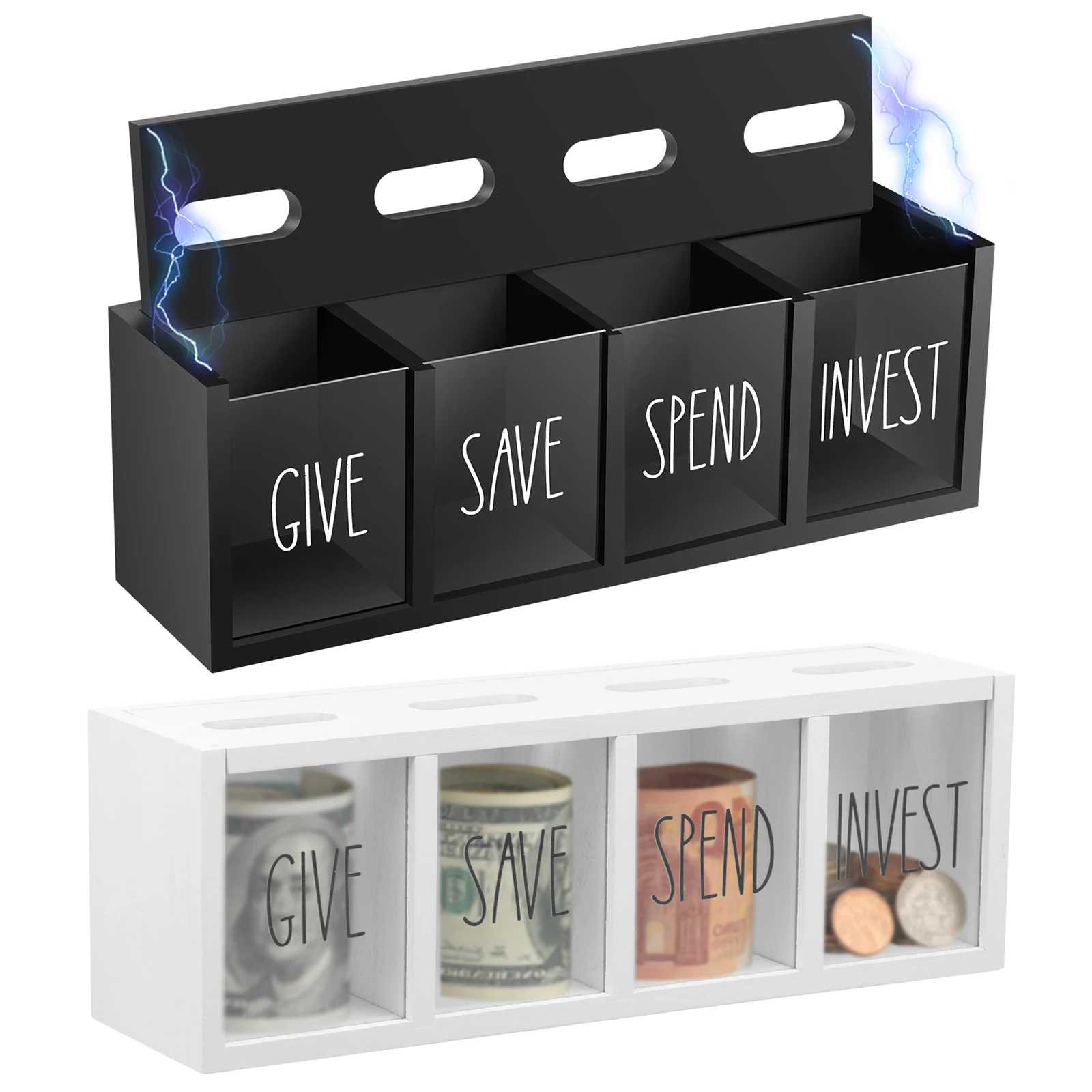 4 Grids Give Save Spend Invest Daily Cash Bill Money Box Kid Piggy Bank Wooden Wall Mount Visualized Magnetic Lid