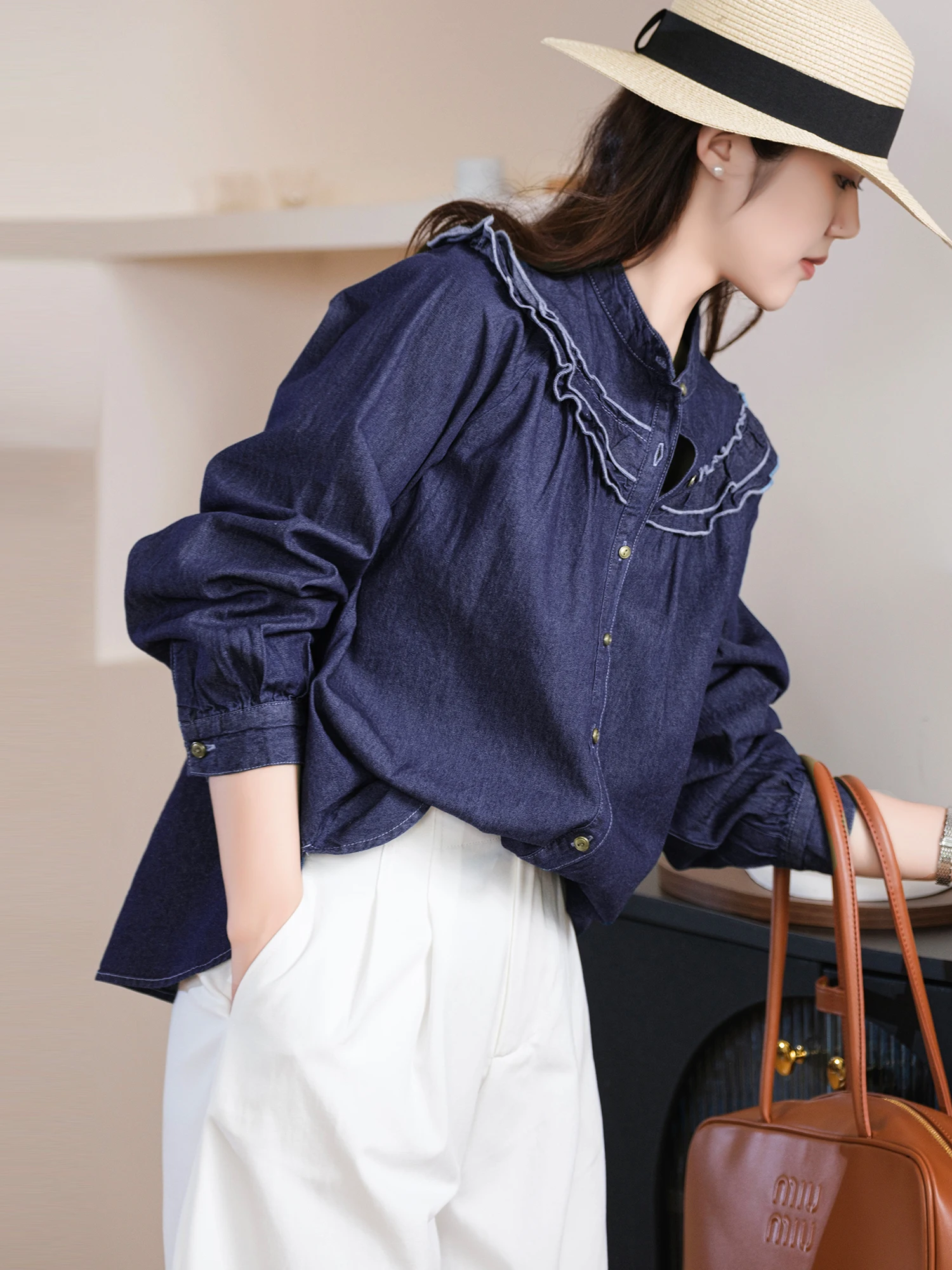 

Soft Cotton Denim Shirt with Shoulder Sleeve Multi-Layer Wood Grain Collar Casual Loose Fit Long Sleeve Women's Shirt