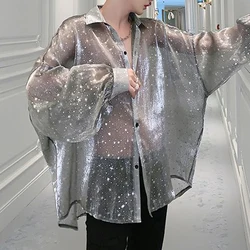 2024 Nieuwe Starry Sky Mesh Sexy Shirt Met Lange Mouwen Heren Losse Oversized Revers Shirt Top Zonnebescherming Shirt Doorzichtige Blouse