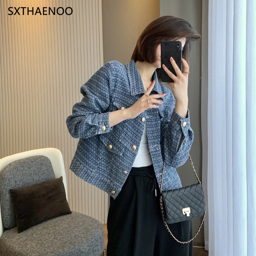 SXTHAENOOFashion Women's Gold Button Blue Denim Coat Turn over Collar Thick Long Sleeve Jackets Ropa De Mujer Spring 2024 New