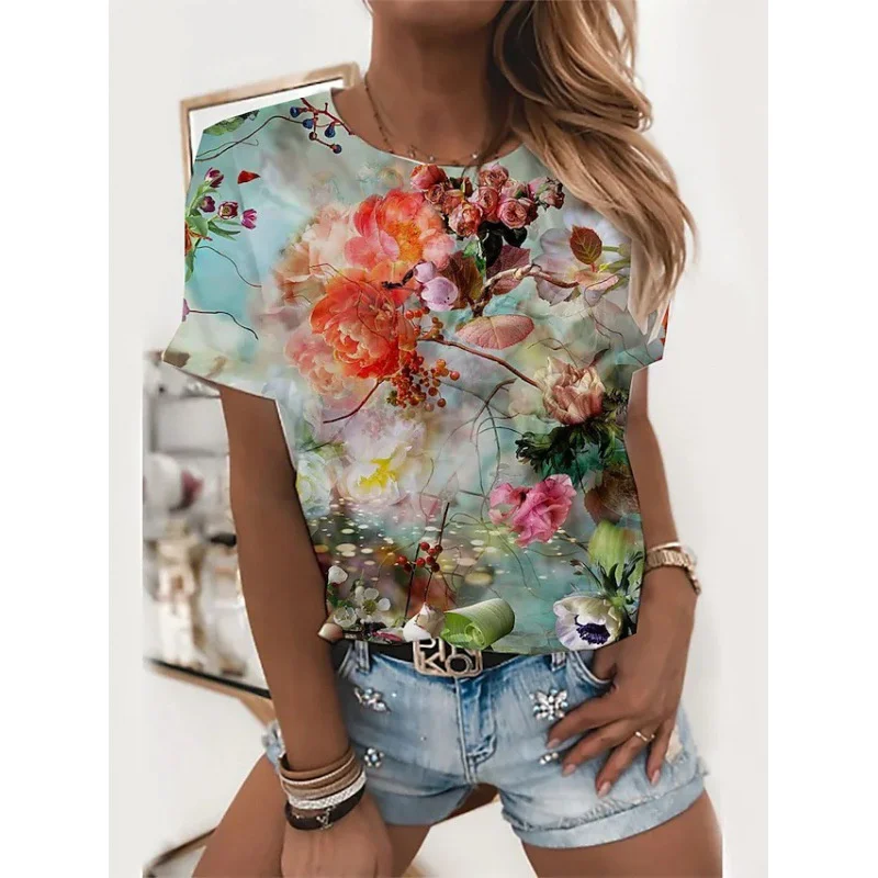 T-shirt con motivo floreale girasole per donna T-shirt con stampa 3D animale gatto T-shirt oversize moda maniche corte girocollo top