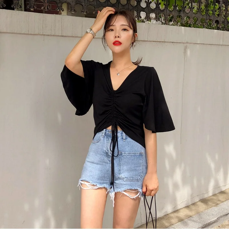 

plus Size V-Neck Bell Sleeve T-Shirt Women's Short Sleeve Top Casual Korean Style Loose Fit Spring Summer Fashion Meat Concea...