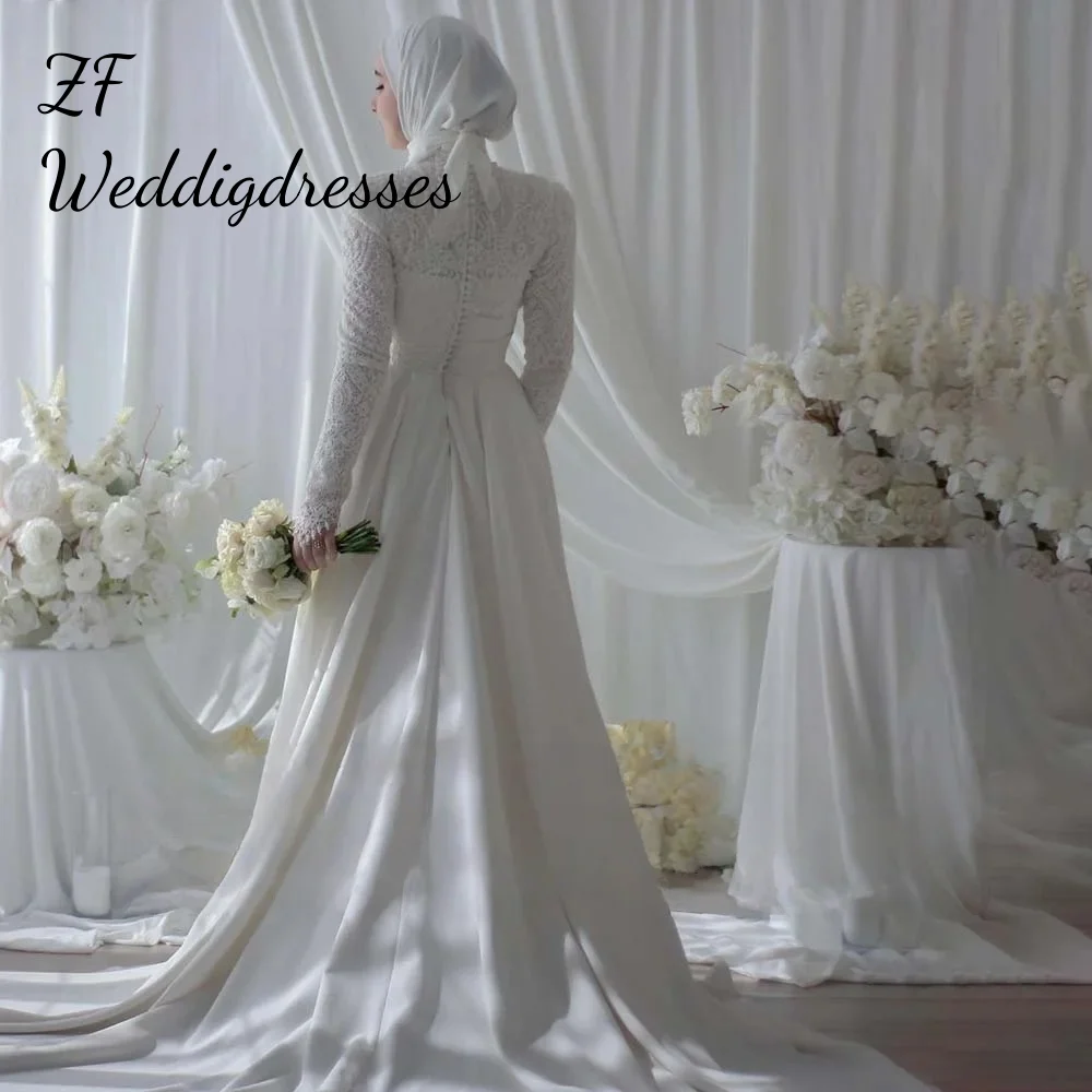 

Customized Vintage Satin Wedding Dresses High Collar Long Sleeves Button Bridal Gowns Appliques Lace Muslim Bride Dress