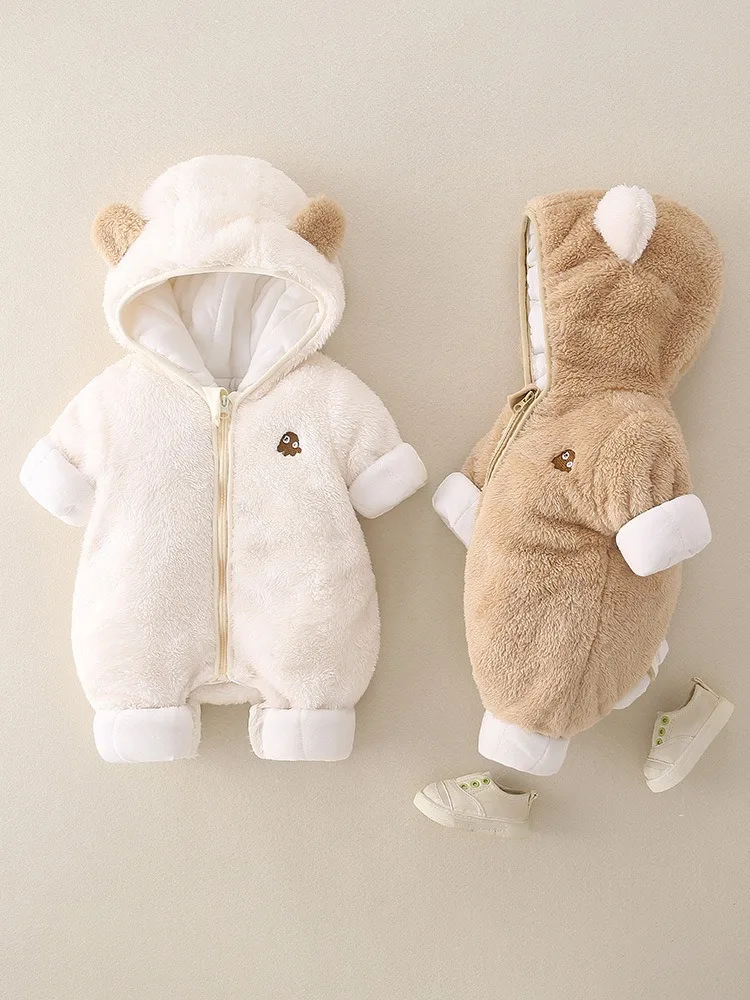 AYNIGIELL 2024 New Winter Baby Rompers Thick Warm Infant Hooded Inside Fleece Jumpsuit Newborn Boy Girl Toddler Clothes