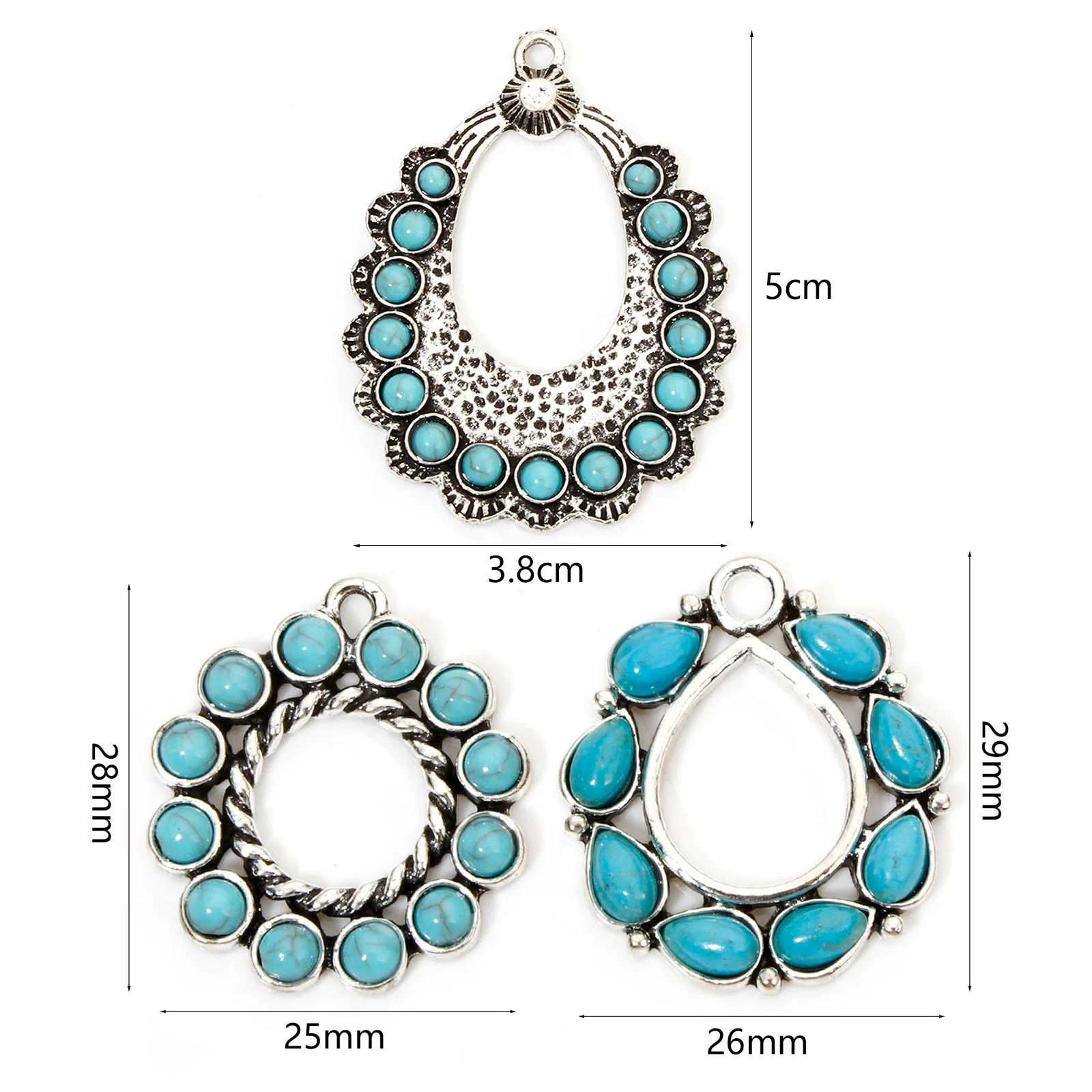 2pcs Bohemian Charms Antique Silver Color Round Oval With Resin Cabochons Imitation Turquoise Pendants DIY Necklace Jewelry