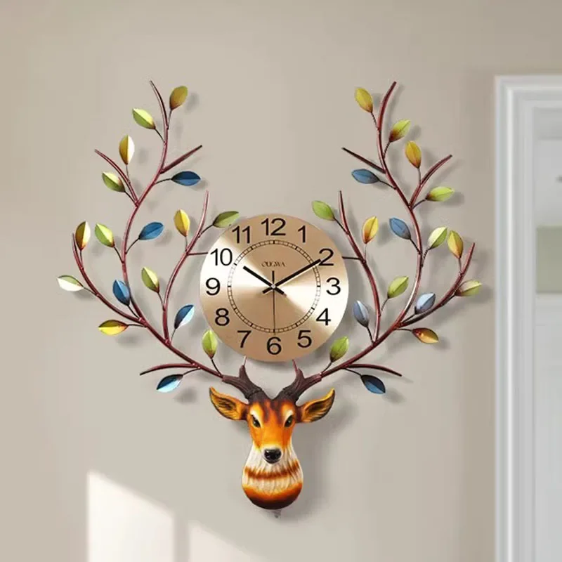 

European Deer Head Wall Clock Modern Farmhouse Decor Silent Metal Frame Rustic Chic Living Room Kitchen Decoration
