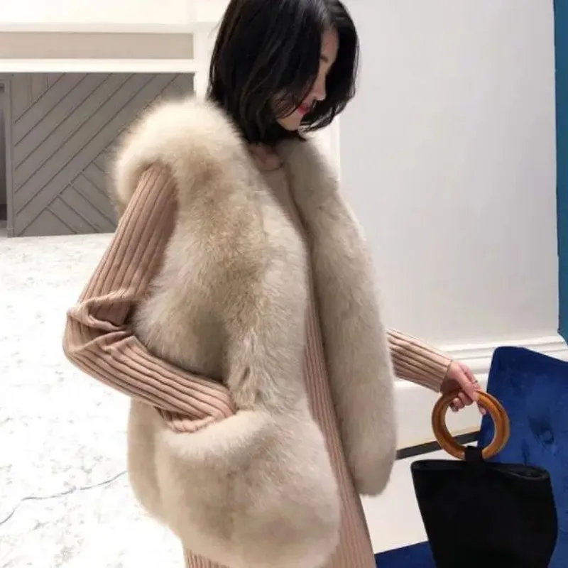 Winter Faux Fur Vest Coat Women Casual Thickening Keep Warm Jackets Fake Fluffy Zipper Fly Solid Color Elegant Casaco N52