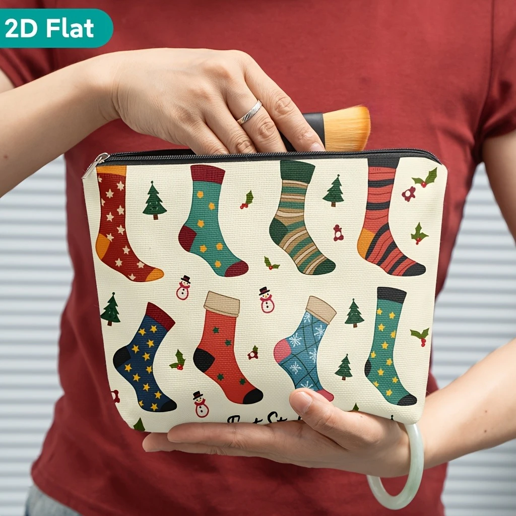Christmas Colorful Socks Snowman Mini Tree Print Cosmetic Bag Zipper Makeup Pouch Portable Travel Storage Bag Holiday Gift