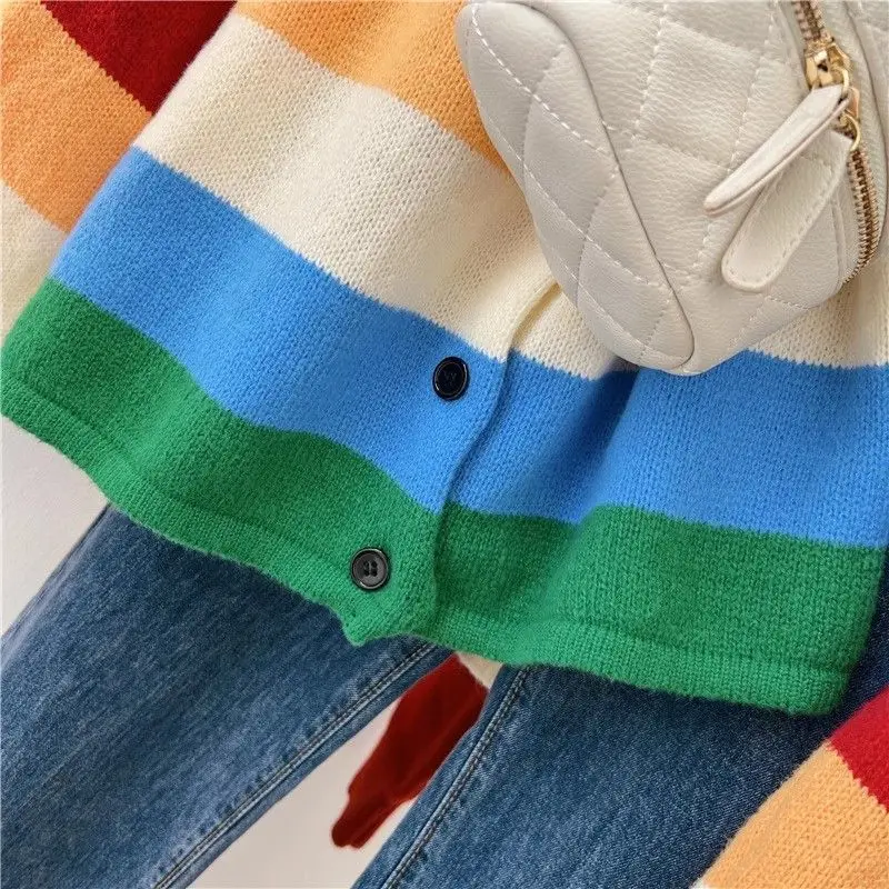 Autunno donna Trendy Vintage Rainbow Striped Chic Button Cardigan lavorato a maglia femminile Casual O collo manica lunga cappotto maglione Outewear