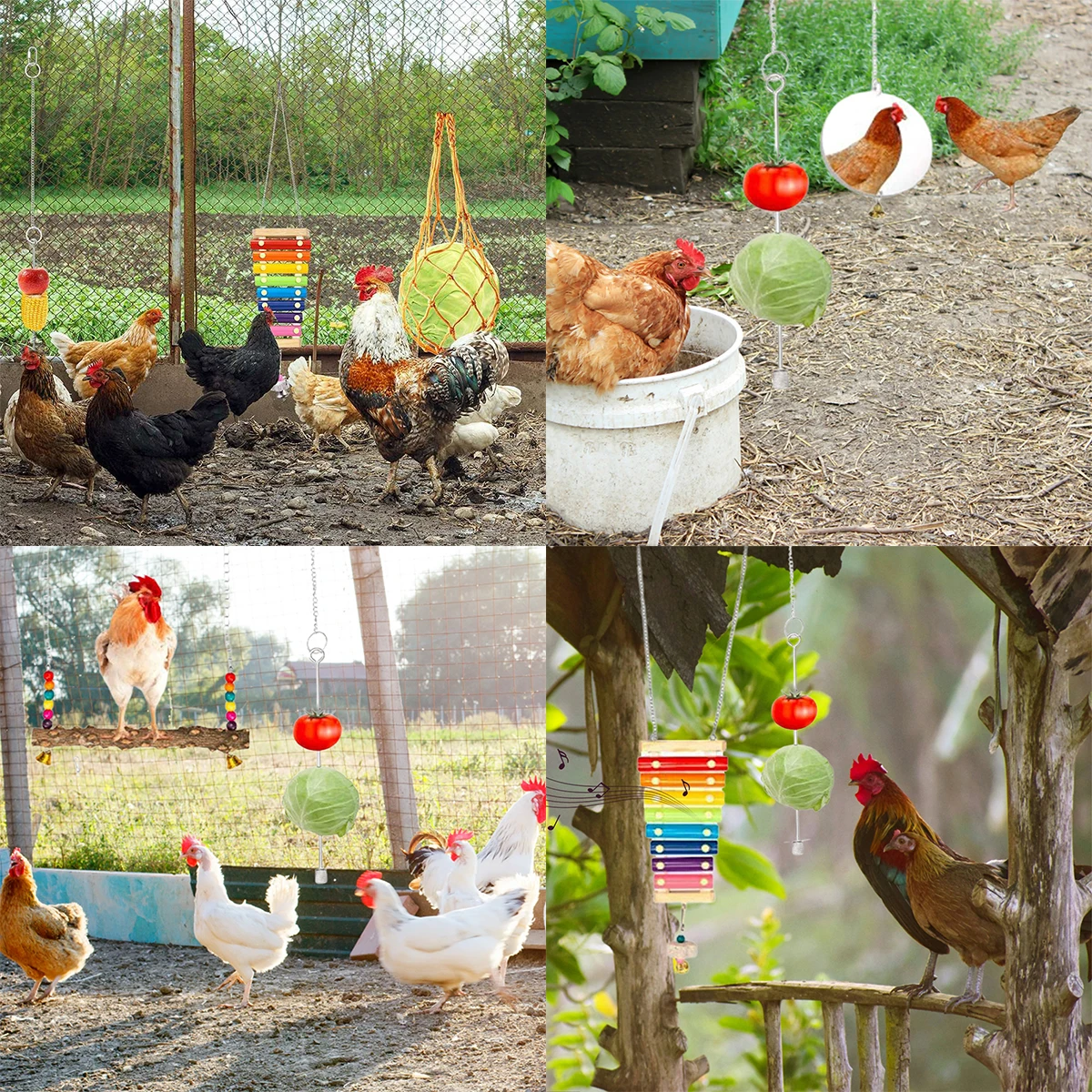 6PCS/Set Longer Chain Chicken Toys for Coop Accessories Xylophone Swing Flexible Ladder String Bag Vegetable Fruits Skewer