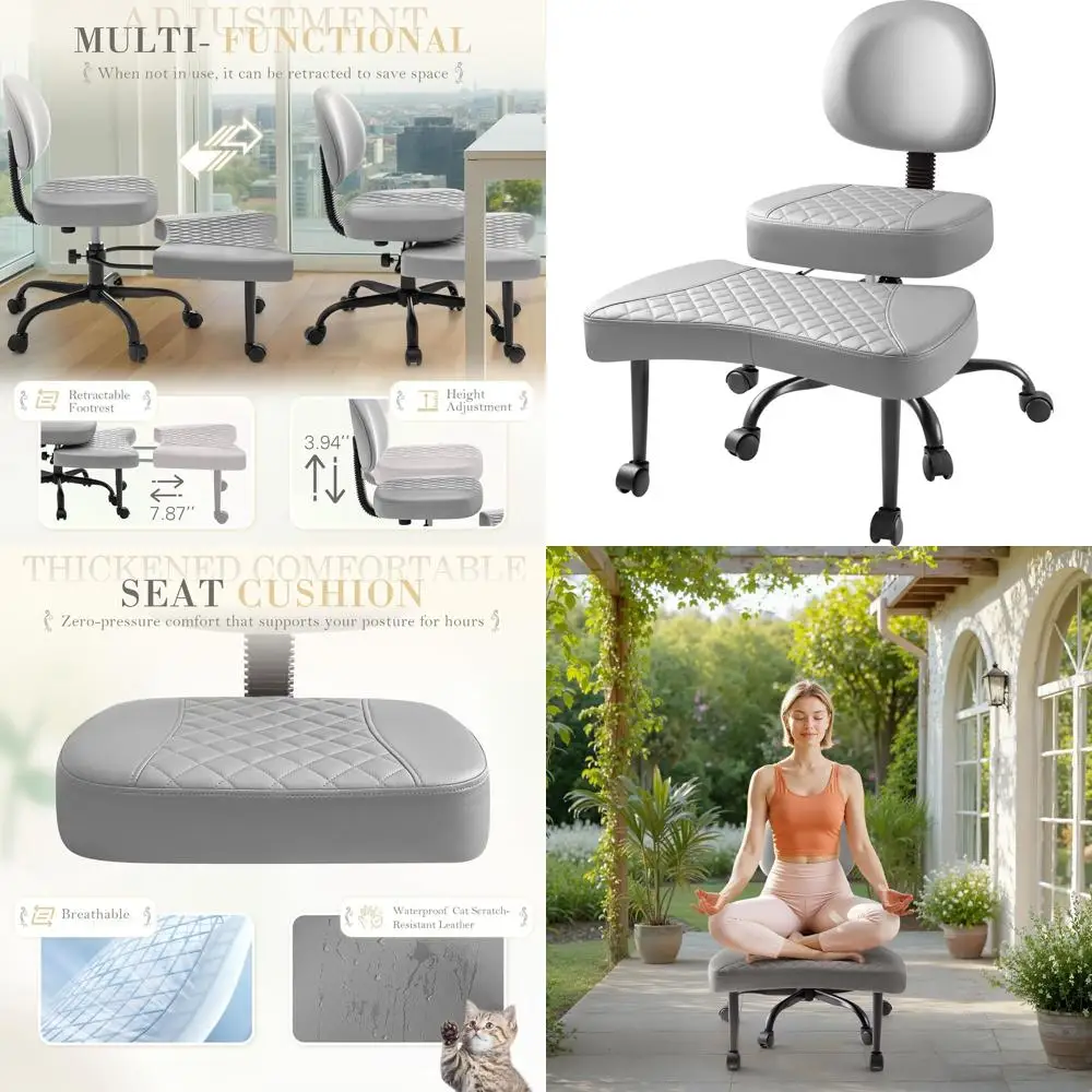 

Gray Leather Swivel Kneeling Chair with Adjustable Height and Footrest for Office, Yoga, Meditation