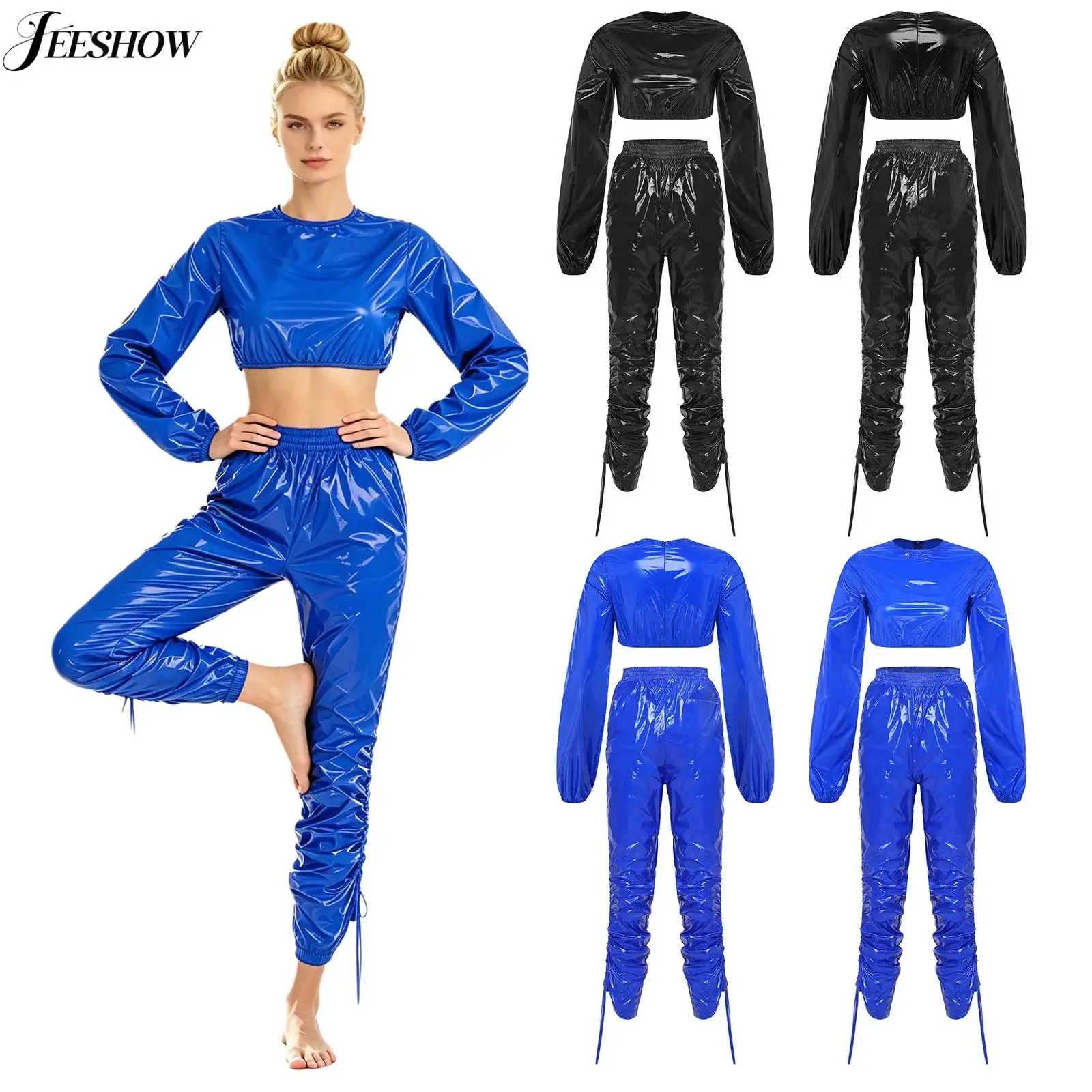 Womens Waterproof Vinyl Sweat Suit Crew Neck Long Sleeve Crop Top with Drawstring Leg Capri Pants Workout Fitness Sportwear