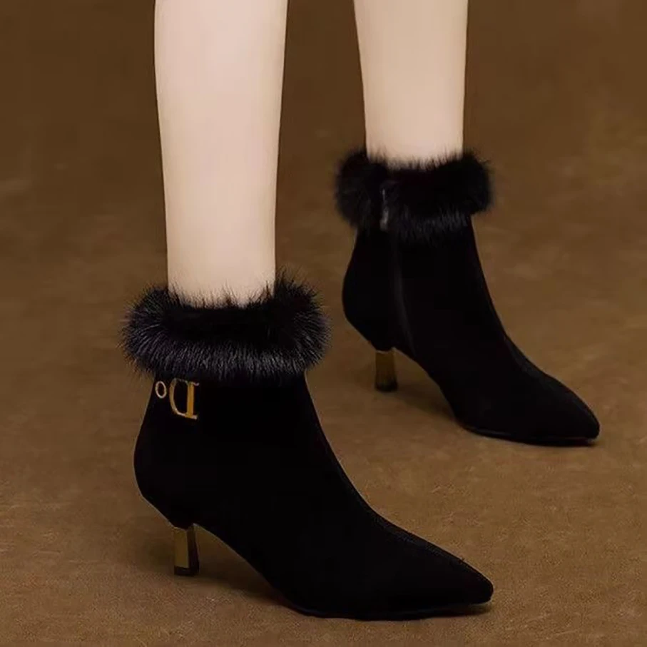 

2025 new high-heeled women shoes padded thin heel short boot with sandblasted finish genuine leather shoes mink fur ladies boots