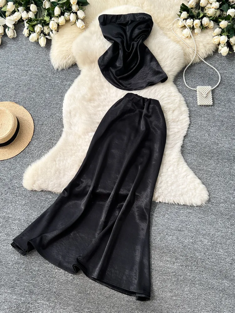 Sleeveless Tube Top and High-Waist Skirt Two-Piece Set for Women Spring and Summer Elegant Fashion Outfit Clothes