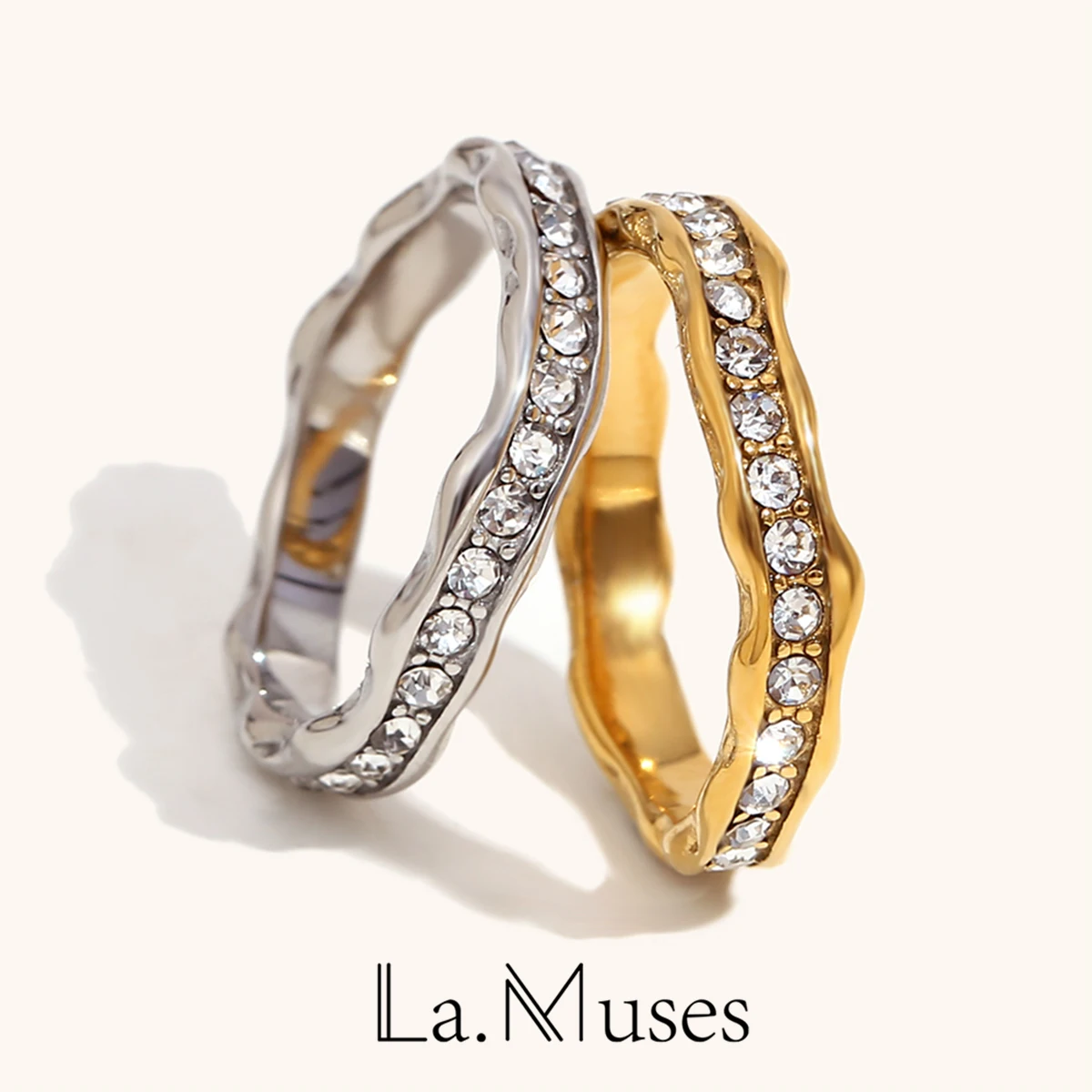 La.Muses Lrregular Wave Pattern Full Of Diamonds Ring Luxury Stainless Steel Waterproof Rings Daily Wear Jewelry