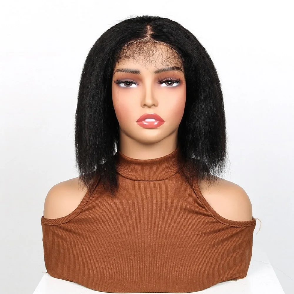 

Wigs For Women 6x4 Pre Cut HD Lace Glueless Bob Wig Yaki Human Hair Kinky Straight Hair Ready to Wear and Go Short Bob Wig