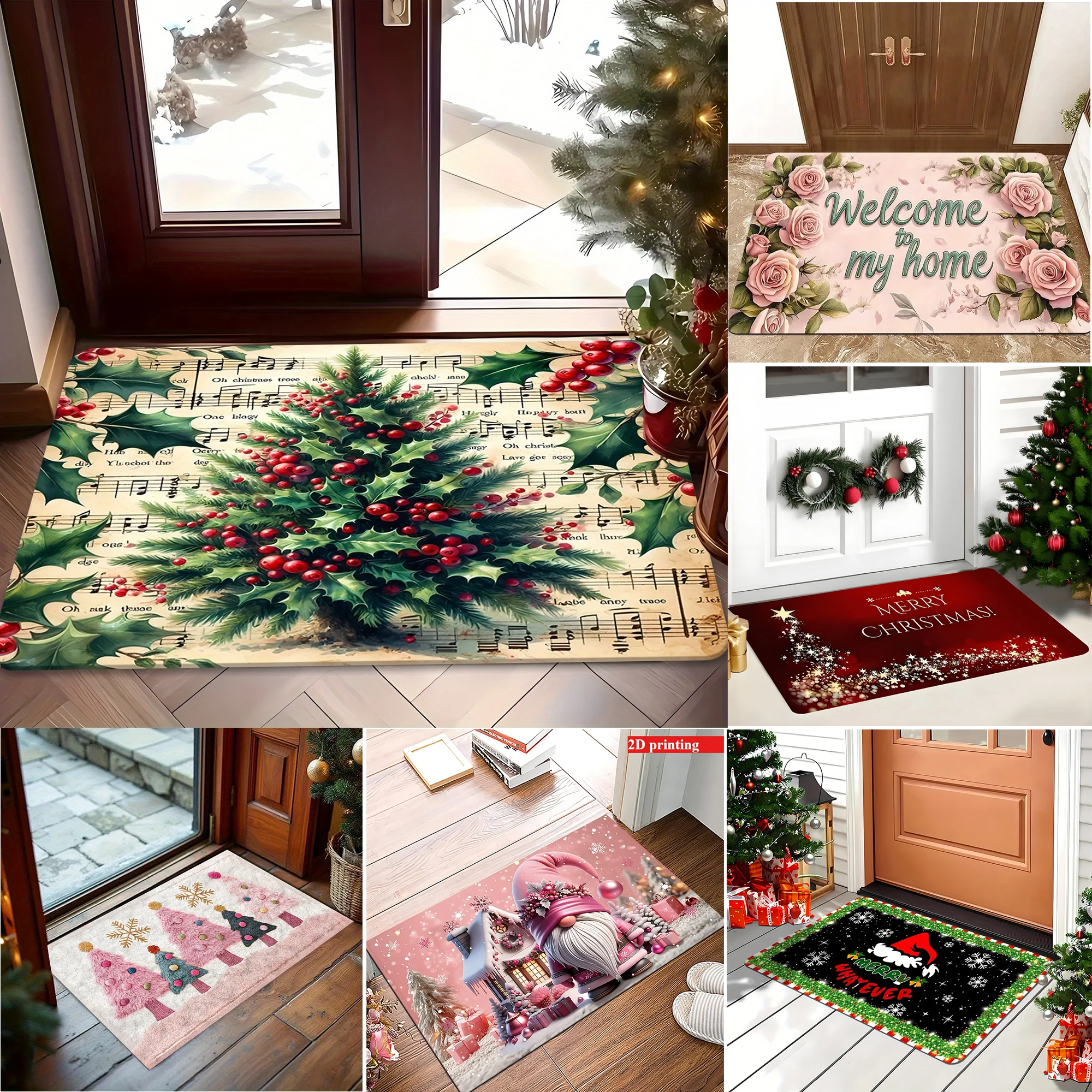 Christmas Rectangular Carpet Music Sheet Holly Berry Gnome Pink Xmas Tree Floral Holiday Graphic Design Area Rug for Home Decor