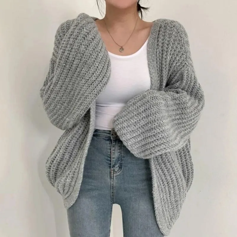 Damski sweter rozpinany na jesień i zimę, luźny, gruby, dzianinowy, z rękawami typu lampion, jednolity kolor, uniwersalny, w stylu lazy, idealny do...