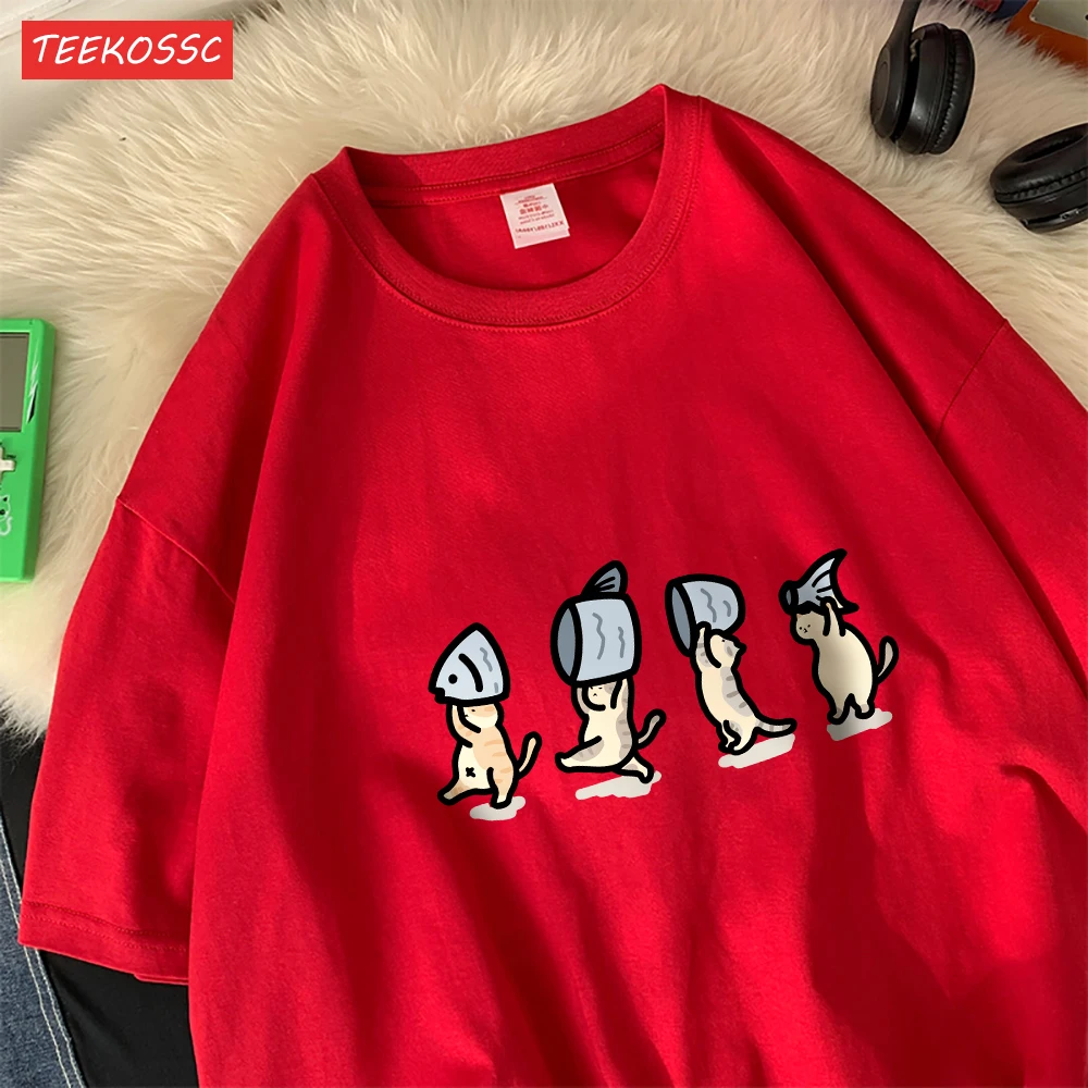 Vier Kleine Katzen Halten Fishcotton Frauen T-Shirts Cartoons Drucke T Shirts Weiche Oansatz Lose Kurzarm Tops Sommer Kleidung – Detail 26