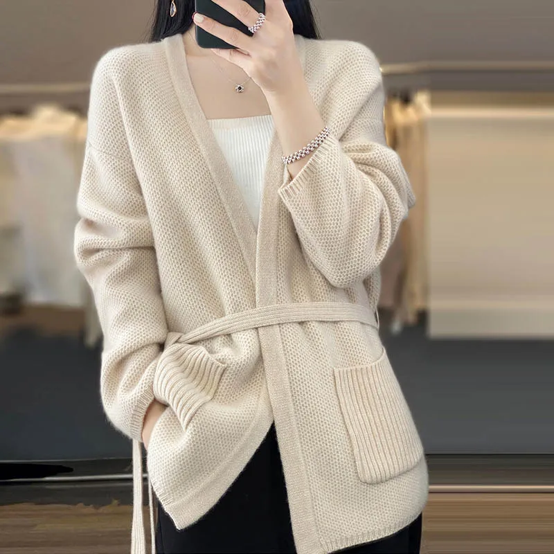 Autumn Winter Sweater Cardigan Women Belt Loose Lazy Style Wool Knitted Coats Female Solid Simple Soft Fashion Knitwear Tunics