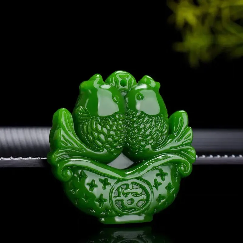 

Chinese Natural Green Jade Double Carp Pendant Fish Necklace Hand-carved Charm Jadeite Jewelry Fashion Amulet Gifts Women Men