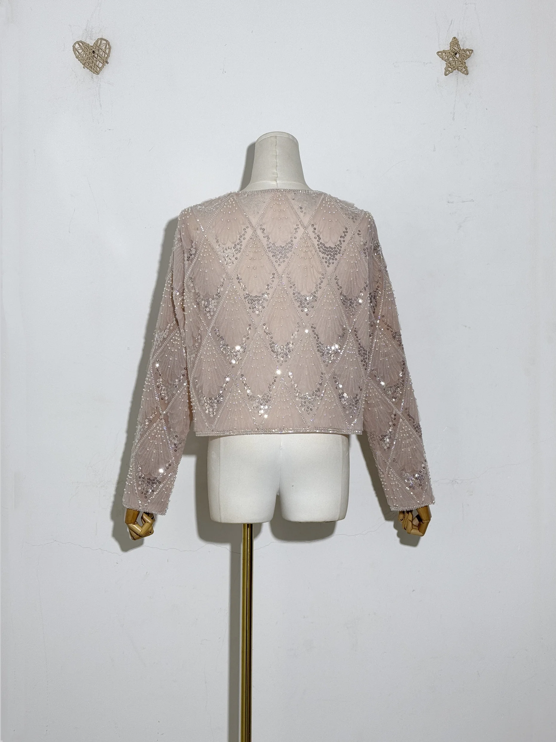 새로운 무거운 자수 유럽 및 미국 패션 여성 스팽글 진주 페르시 오-넥 긴 소매 메쉬 카디건 블라우스 탑 코트 자켓