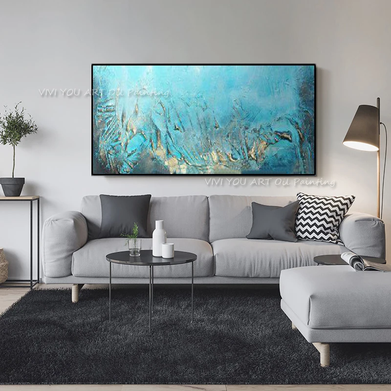 Hand Painted Abstract Oil Painting Living Room Modern Simple Abstract Blue Sea Thick Oil On Canvas Art Large Decorative Painting