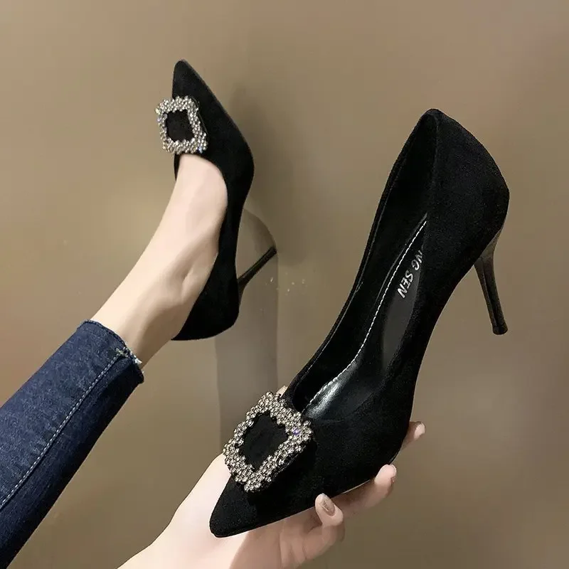 Women New Mid Heeled Sandals Black Square Buckle Pointed Thin Heeled Baotou Banquet High Heeled Shoes Womens Shoes Tacones Mujer