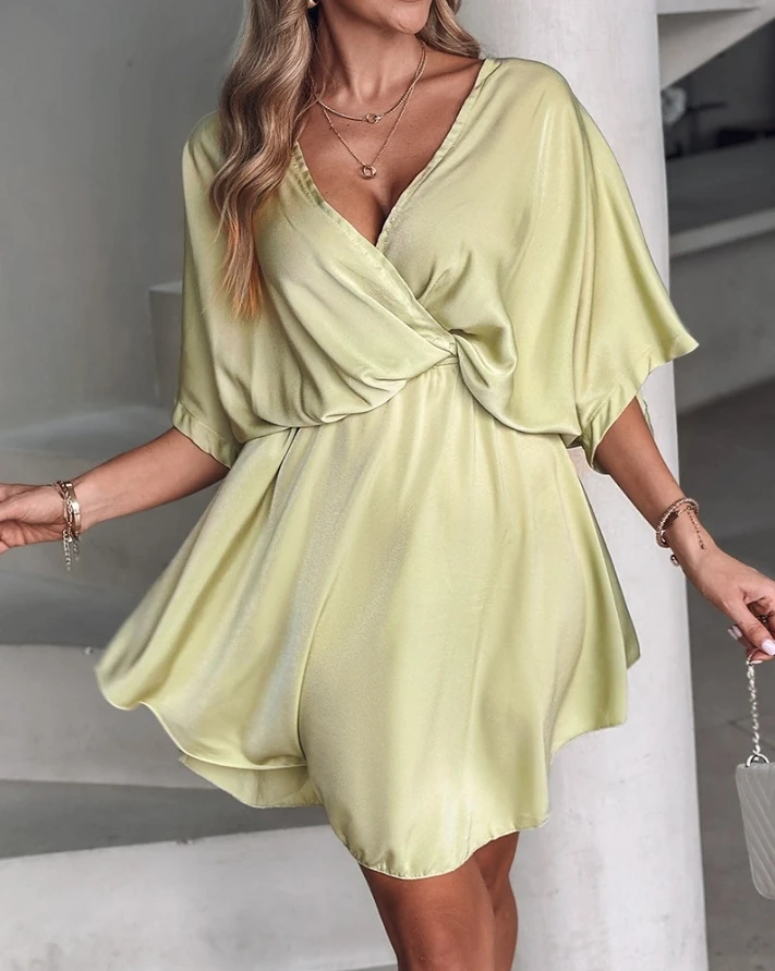 Sexy Elegant Dresses for Women Batwing Sleeve Overlap Flowy Swing Dress New Fashion 2024 Summer Casual Female Clothing Outfits