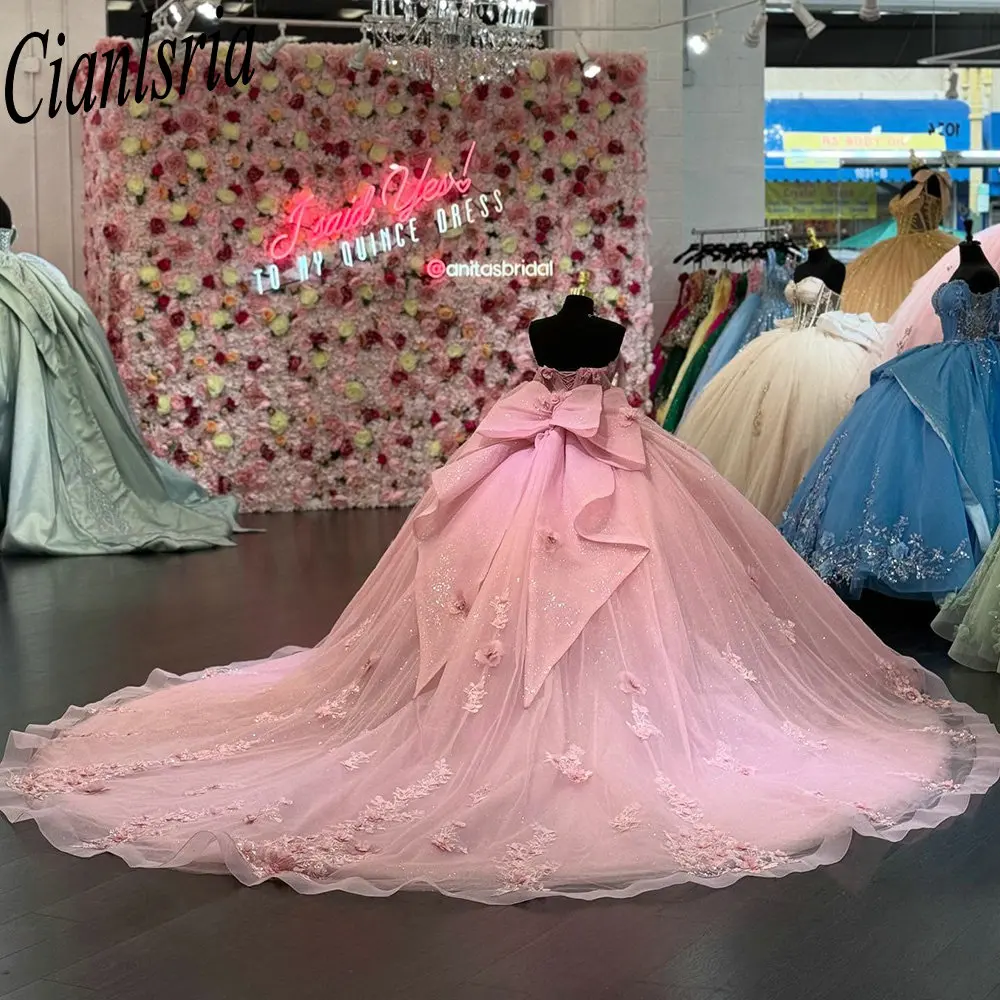 

Pink Off The Shoulder Bow Quinceanera Dresses Ball Gown 3D Flowers Appliques Lace Sweet 15 Años Mexican Customized