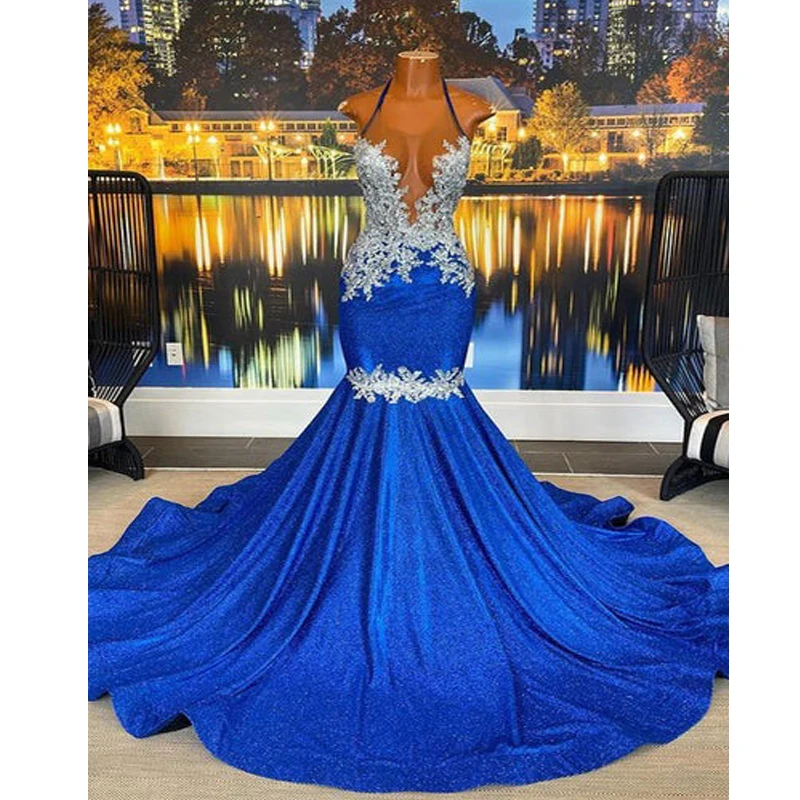 

Blue Shny Long Prom Dresses 2024 Mermaid Style Luxury Silvery Applique Beading Black Girls Prom Party Formal Gowns