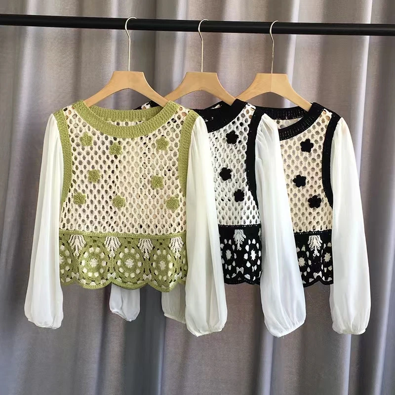 OUMEA Women Crochet Sleeveless Tanks Openwork Retro Tops  Korean Style Contrast Color Chic Knitting Tops Hot Girl Tops Ins