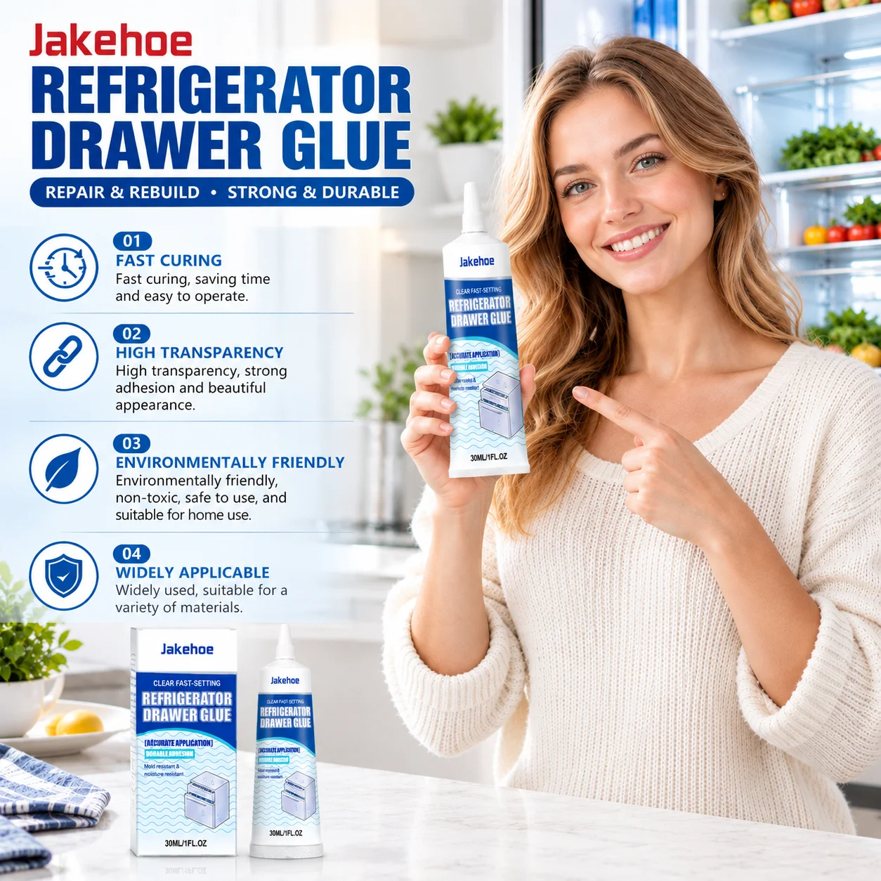 Jakehoe Refrigerator Drawer Glue Cold Resistance Low Temp Waterproof Quick Dry Anti Mold Fridge Drawer Glue for Plastic Glass