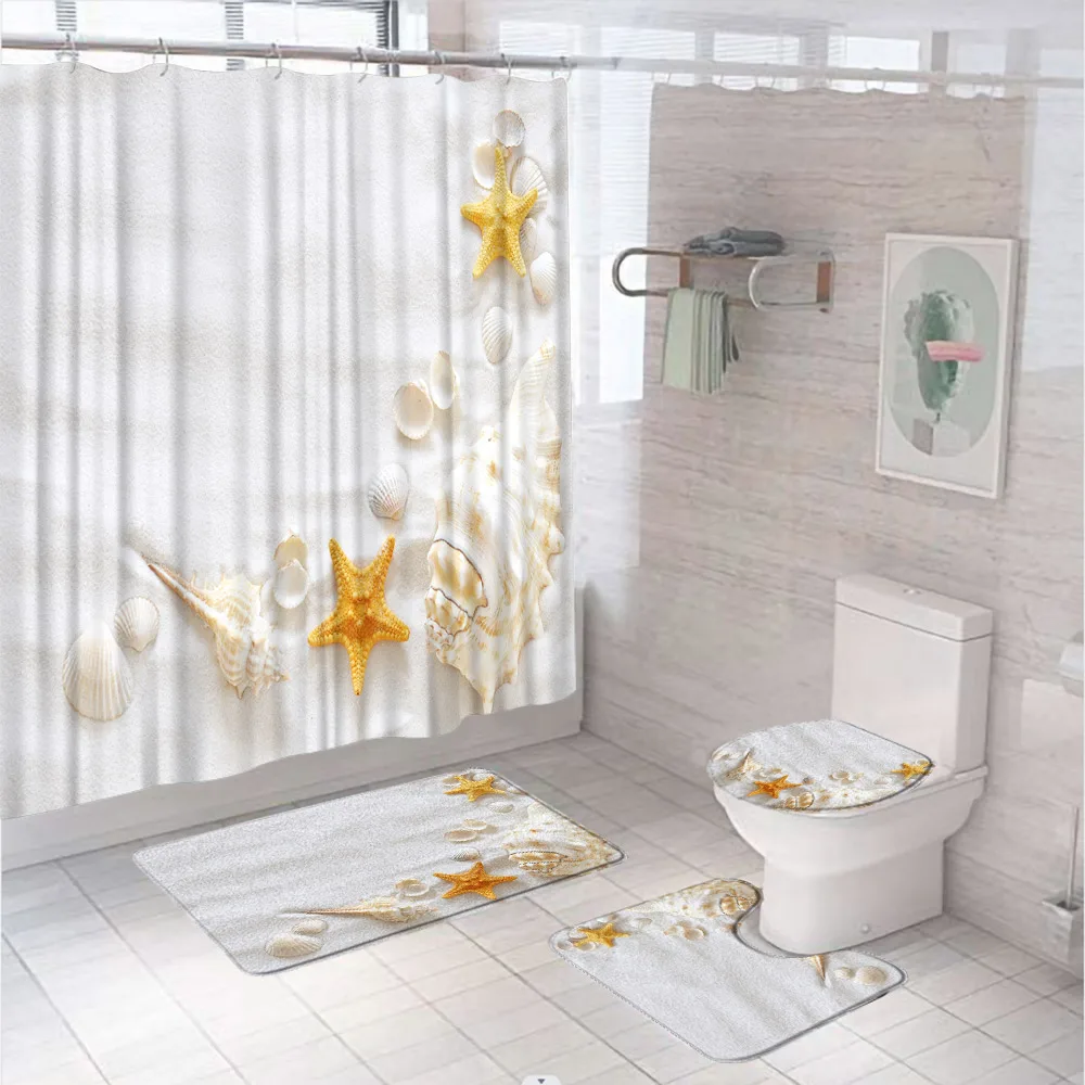 

Starfish Shower Curtain Sets Seacoast Beach Sand Seashells Tropics Aquatic Wildlife Bathroom Curtains Bath Mats Rug Toilet Cover