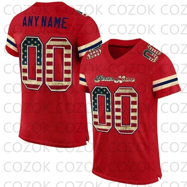 Custome Red America Flag Football Jerseys for Men Women Unisex Football Short Sleeves Athletic Tee Shirts