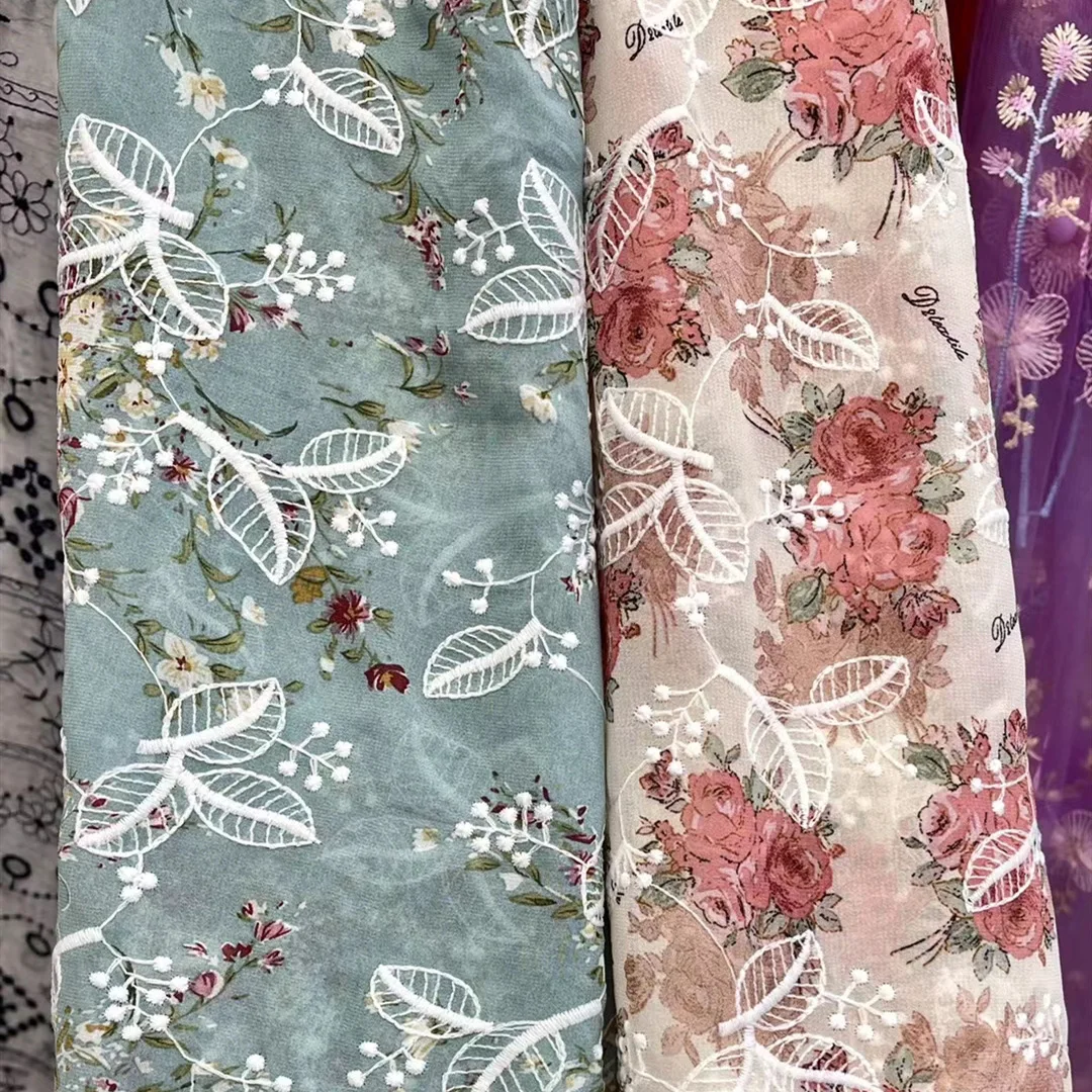 

1 Yard 3D Rose Printed Chiffon Mesh Fabric Pink/Green 1.3m Wide for Kids Dress Wedding Gown DIY Elegant Vintage