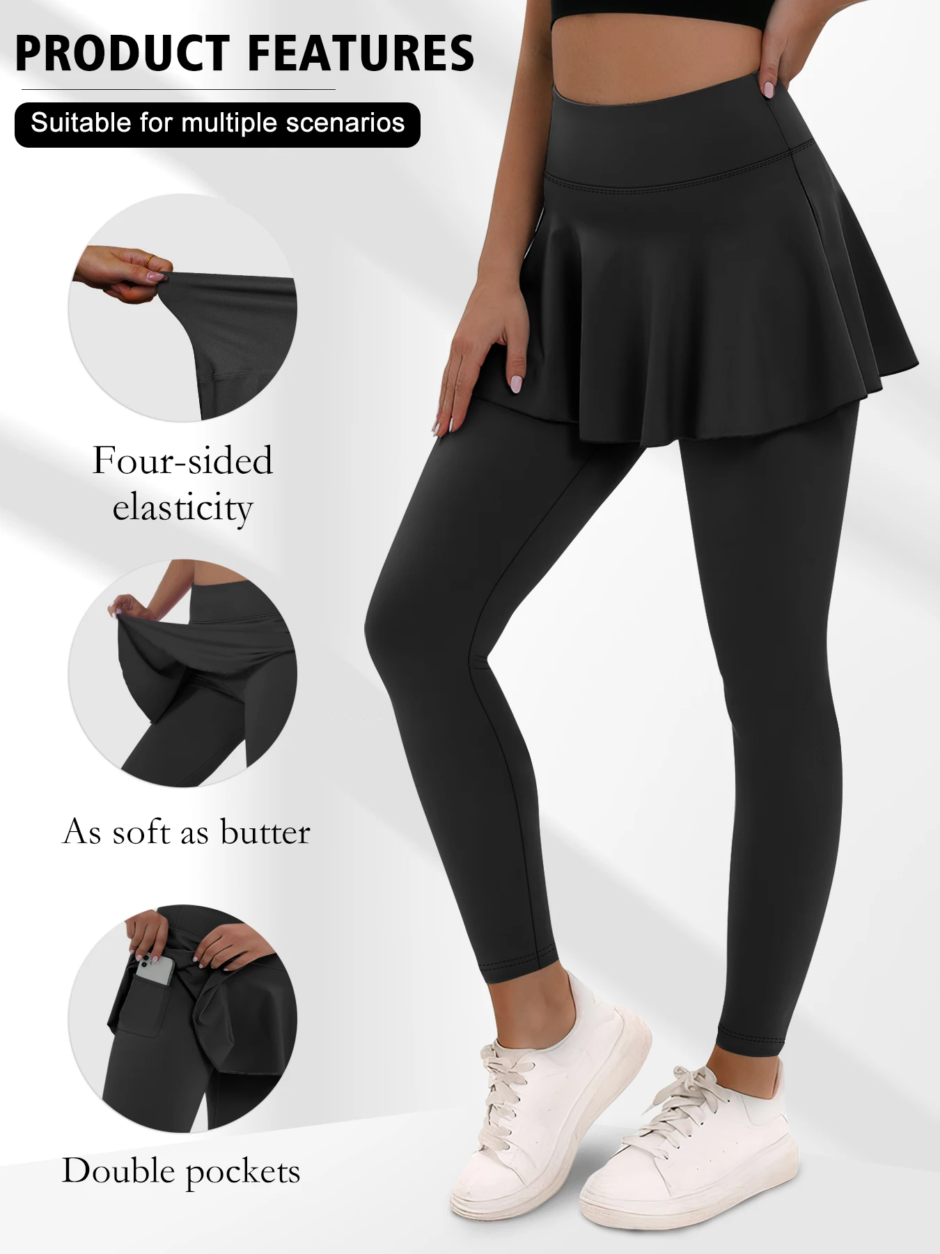 Women's Skirted Leggings with Pockets | Workout Outfits, Pickleball, Tennis, Yoga, Pleated Skirt with Leggings