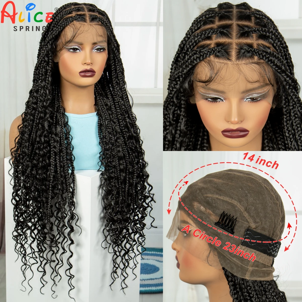 36Inch Synthetic Full Lace Braids Wig Lace Front Boho Braided Wigs with Baby Hair Knotless Box Braiding Lace Wigs for Black Women