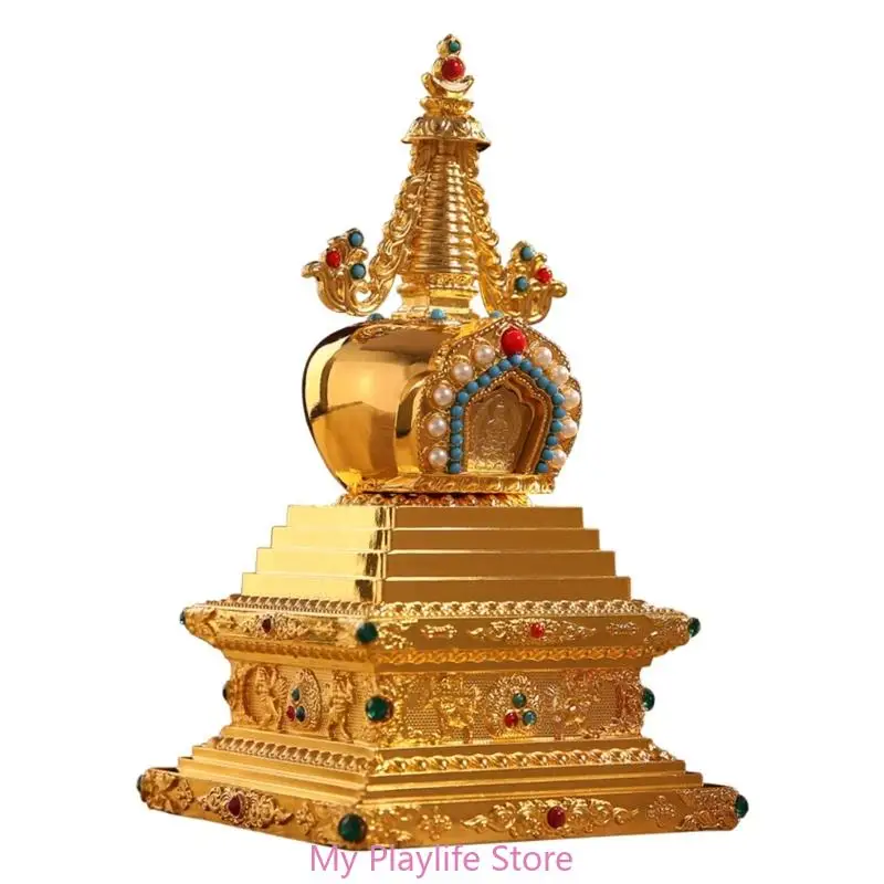 Handcrafts Metal Buddhist Stupa Pagoda Tower Statue with Embedding Pearls Relics for Cultural Enthusiasts Desktop Decors