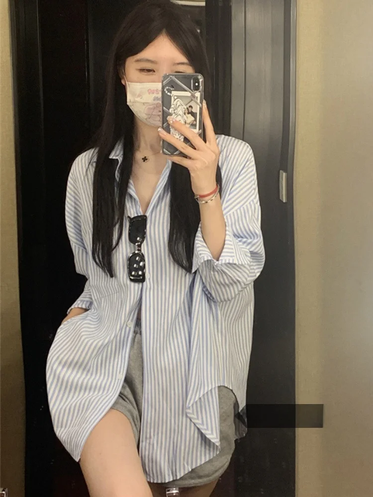 

Faionable Pink Striped Loose Women's irt Korean Sle Casual Design Winter Sweet Outerwear Long Sve Collar Coat