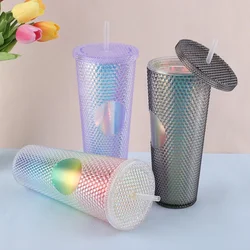 710ml Straw Cup with Lid Studded Finish Double Wall Coffee Mugs Plastic Studded Durian Tumblers Cold Bling Cup Customized