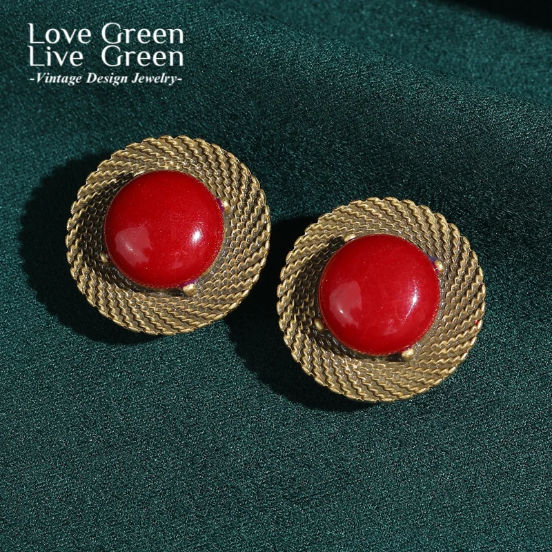 

Vintage Red Natural Stone Stud Earrings Antique Gold Color Luxury Designer Accessories Jewelry For Women 2025 New Trend Wedding