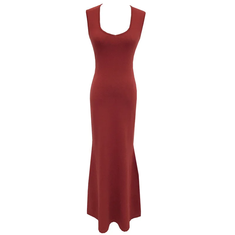 7564 Thai Style Water Drop Square Neck Slimming Off-Shoulder Sleeveless Waist-Cinching Bodycon Mermaid Tank Long Dress Summer